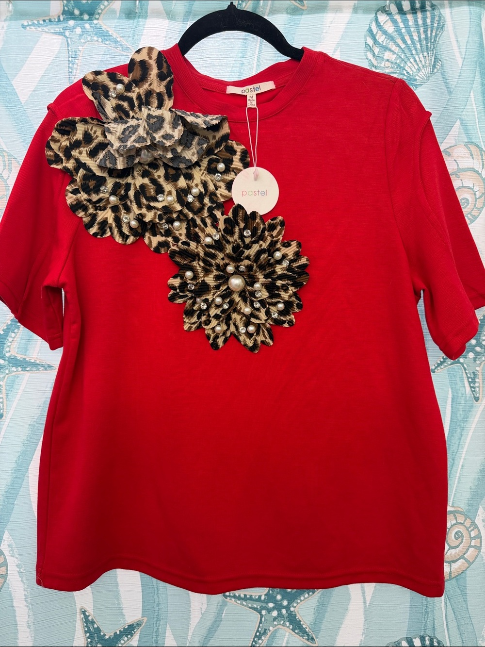 Pastels Red Tee with Leopard Floral Appliqué and Pearl Accents